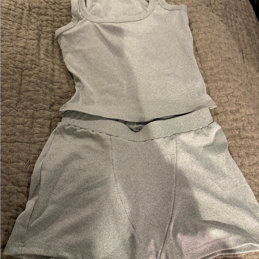 Stylish Gray Ribbed Top and short sleep set